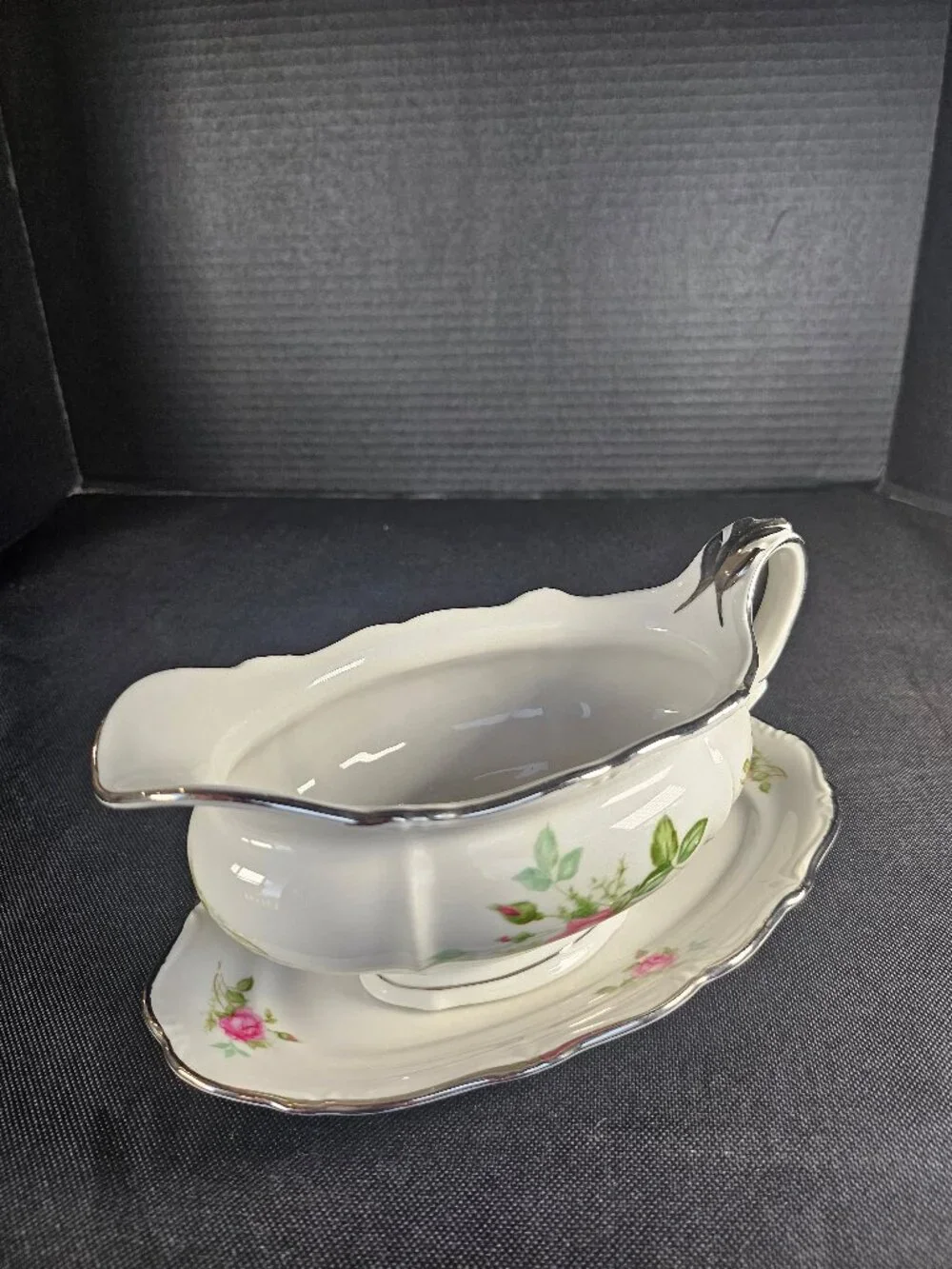 Chalfonte Bavaria Germany Fine Porcelain Pink Rose Gravy Boat With Underplate